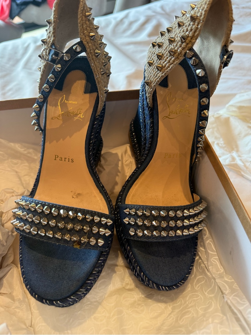 Christian Louboutin Denim Navy and Natural Studded Espadrille Wedges